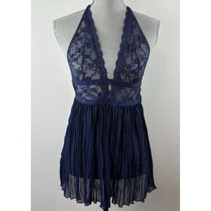 Victorias Secret‎ Lace Babydoll Lingerie Med Navy Halter Open Back Pleated Skirt